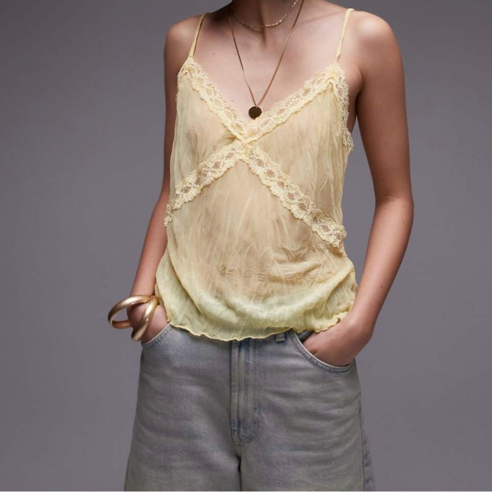 Topshop Elegant Yellow Lace Trim Cami Top Womens Size 8-10